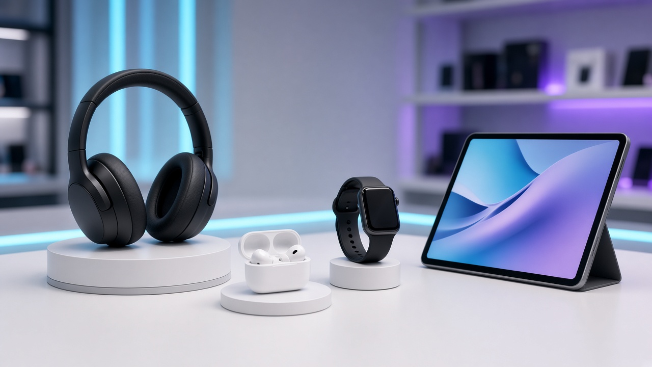 Modern electronics display with headphones, earbuds, and smartwatch